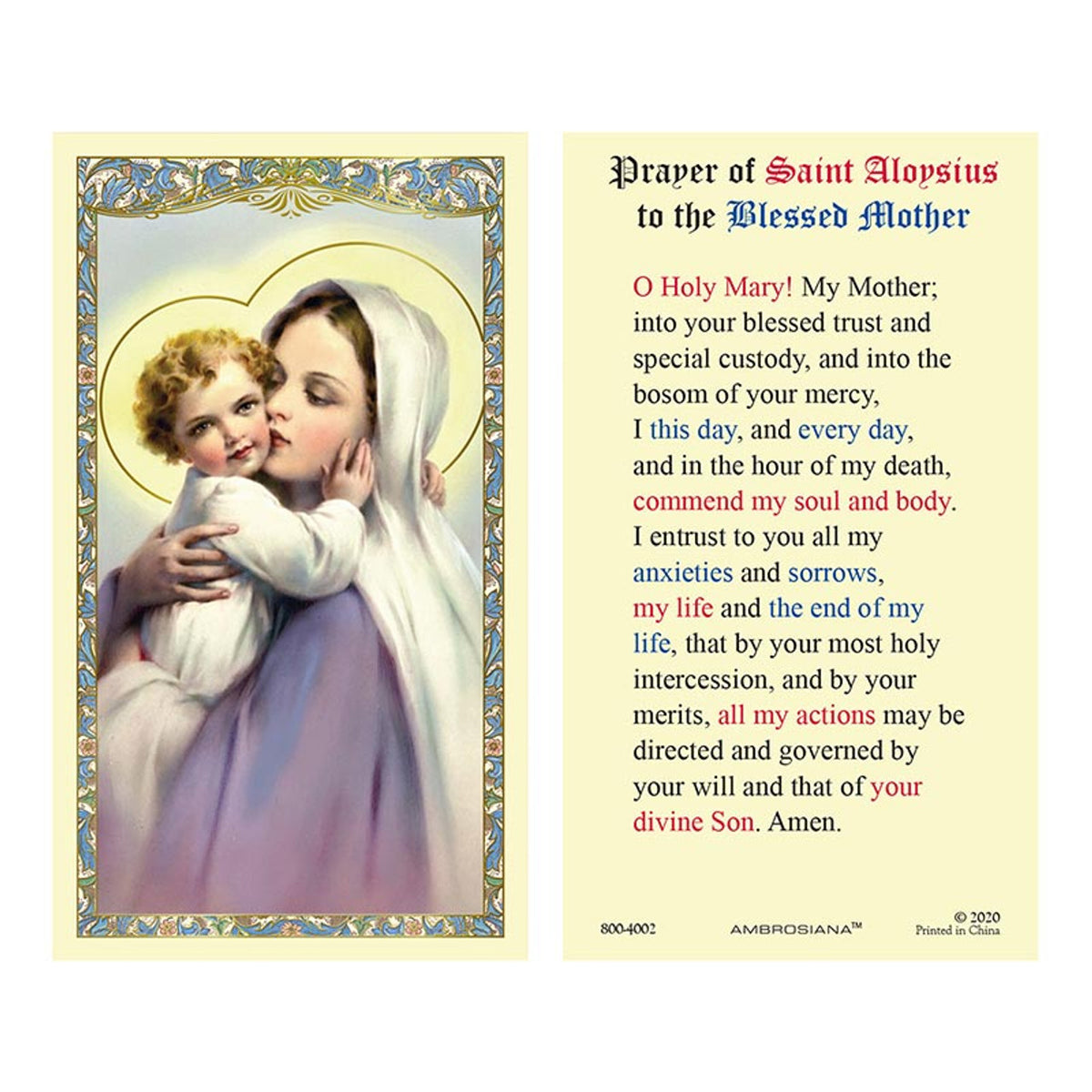 HOLY CARD - PRAYER OF ST ALOYSIUS TO THE BLESSED MOTHER – Gospa Missions