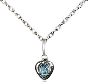 MIRACULOUS MEDAL STERLING HEART WITH BLUE EPOXY ON 18" CHAIN