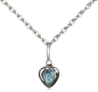MIRACULOUS MEDAL STERLING HEART WITH BLUE EPOXY ON 18