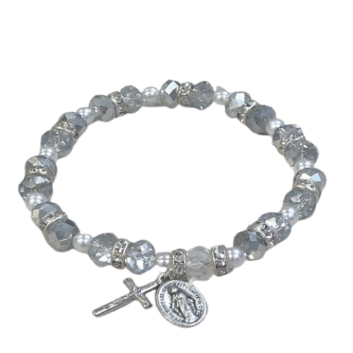 BRACELET - SILVER SPARKLE BEADS - MIRACULOUS AND CRUCIFIX