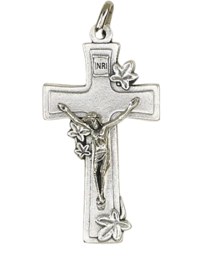 CRUCIFIX MEDAL - LILY - SILVER TONE