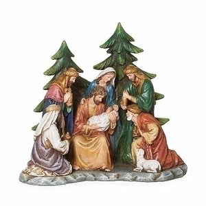 NATIVITY SCENE WITH PINE TREES IN BACKGROUND 6.5" RESIN