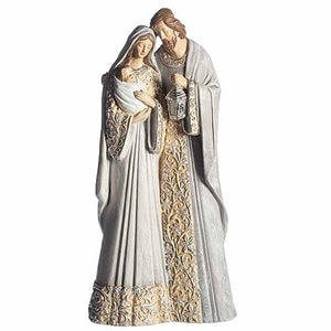 CHRISTMAS HOLY FAMILY - IVORY AND GREY PATTERN ROBES - 12" RESIN