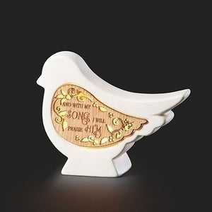 LIGHTED DOVE - WITH MY SONG - 4" PORCELAIN WITH LASER CUT WOOD