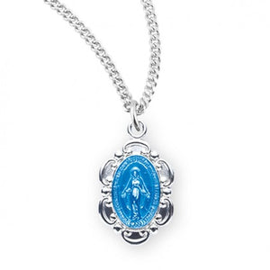 CHILD'S MIRACULOUS MEDAL 0.6" SS BAROQUE BLUE ENAMEL ON 13" CHAIN