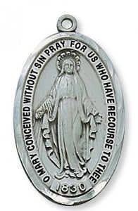 MIRACULOUS MEDAL - 1.5" ANTIQUE PLATED PEWTER - RHODIUM PLATED 24" CHAIN