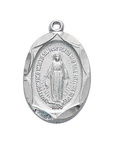 MIRACULOUS MEDAL - RHODIUM FINISHED OVAL - 16" - 18" PLATINUM CHAIN