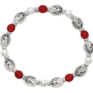 BRACELET - DIVINE MERCY MEDALS - RED & PEARL BEADS
