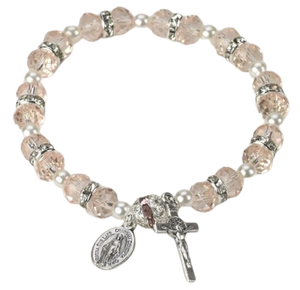 BRACELET - PINK CRYSTAL - MIRACULOUS AND CRUCIFIX