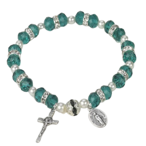 BRACELET - GREEN CRYSTAL - MIRACULOUS AND CRUCIFIX