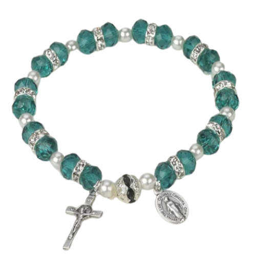 BRACELET - GREEN CRYSTAL - MIRACULOUS AND CRUCIFIX