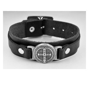 BRACELET - ST BENEDICT MEDAL - ADJUSTABLE BLACK LEATHER
