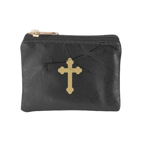 ROSARY CASE - BLACK VEINED PATENT LEATHERETTE - GOLD CROSS