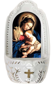 HOLY WATER FONT - MADONNA AND CHILD - 5.25" PORELAIN