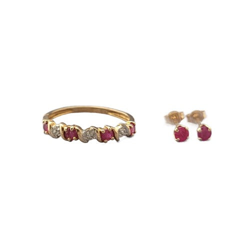 Ring and Earring Set 10k Gold with Red Stones