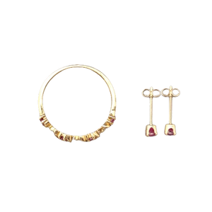 Ring and Earring Set 10k Gold with Red Stones