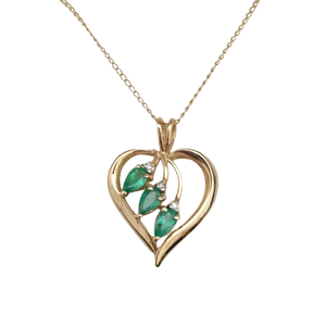 Vintage 10k Gold Heart with Emerald Stones Pendant on 18" Chain