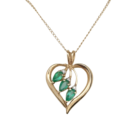 Vintage 10k Gold Heart with Emerald Stones Pendant on 18