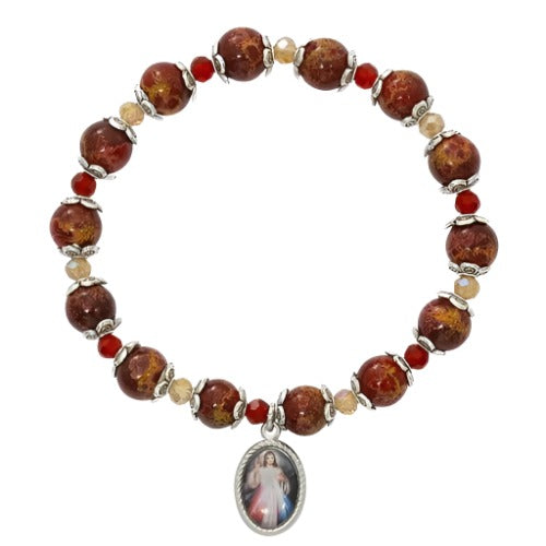 BRACELET DIVINE MERCY CHARM WITH RED MARBELINE BEADS