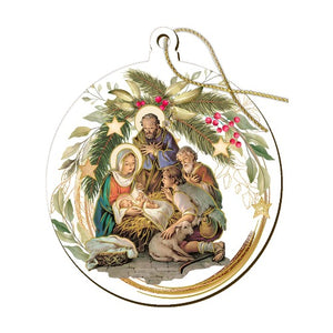 ORNAMENT - NATIVITY WITH HOLLY AND GOLD TRIM - 3.5" ROUND