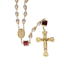 Load image into Gallery viewer, Rosary 8mm Clear Faceted Glass and Red Cubed Beads Solid Brass Crucifix and Center
