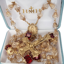 Load image into Gallery viewer, Rosary 8mm Clear Faceted Glass and Red Cubed Beads Solid Brass Crucifix and Center
