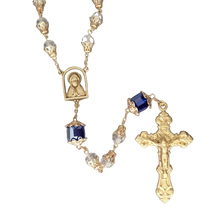 Load image into Gallery viewer, Rosary 8mm Clear Faceted Glass and Blue Cubed Beads Solid Brass Crucifix and Center
