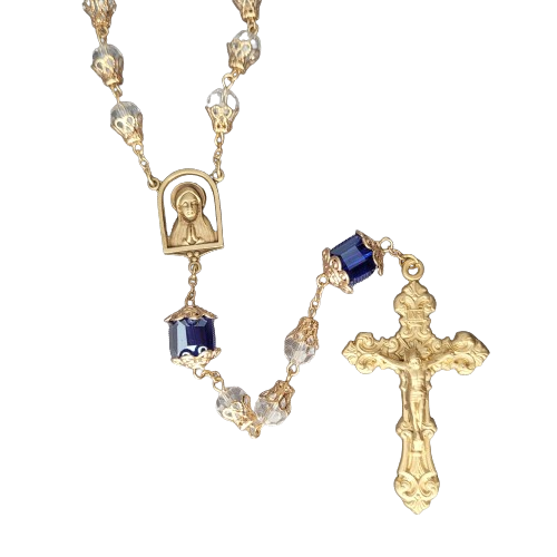 Rosary 8mm Clear Faceted Glass and Blue Cubed Beads Solid Brass Crucifix and Center