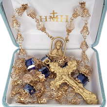 Load image into Gallery viewer, Rosary 8mm Clear Faceted Glass and Blue Cubed Beads Solid Brass Crucifix and Center
