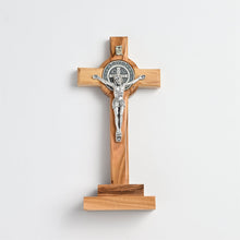 Load image into Gallery viewer, STANDING CRUCIFIX - ST BENEDICT - 5.5&quot; OLIVE WOOD MAGNETIC
