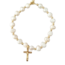 Load image into Gallery viewer, Child&#39;s Bracelet Crucifix Medal 6mm White Pearl with Gold Plate
