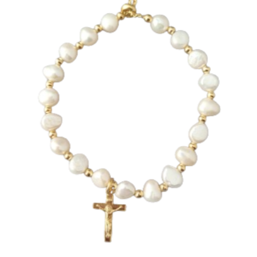 Child's Bracelet Crucifix Medal 6mm White Pearl with Gold Plate