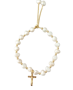 Child's Bracelet Crucifix Medal 6mm White Pearl with Gold Plate