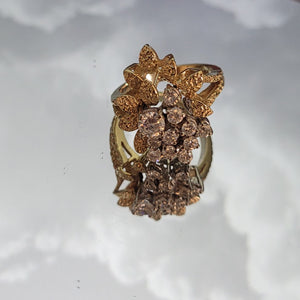 Ring 14K Gold Leaves and Crystal Flower Size 7.5