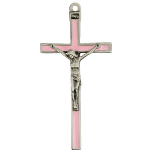 Wall Crucifix 5" Metal with Pink Enamel Inlay