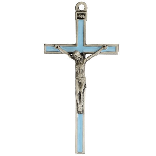 Wall Crucifix 5" Metal with Blue Enamel Inlay