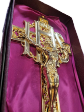 Load image into Gallery viewer, WALL CRUCIFIX - VINTAGE IHS - 9.5&quot; GOLD TONE METAL
