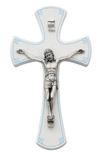 Load image into Gallery viewer, Wall Crucifix 7&quot; White Wood with Blue Detail
