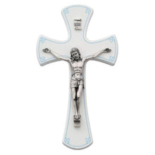 Load image into Gallery viewer, Wall Crucifix 7&quot; White Wood with Blue Detail
