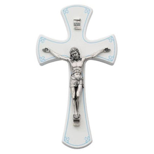 Wall Crucifix 7" White Wood with Blue Detail