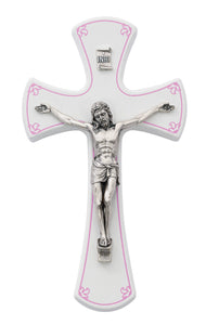 Wall Crucifix 7" White Wood with Pink Detail