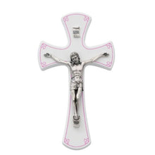 Load image into Gallery viewer, Wall Crucifix 7&quot; White Wood with Pink Detail
