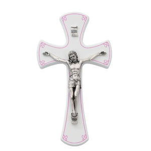 Wall Crucifix 7" White Wood with Pink Detail