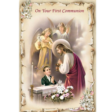 Load image into Gallery viewer, GREETING CARD - FIRST COMMUNION FOR A BOY - PEARL  AND GOLD EMBOSSED
