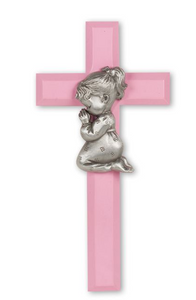 7" Pink Wood Cross with Praying Girl Pewter Figure