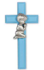 7" Blue Wood Cross with Genuine Pewter Praying Boy Figure