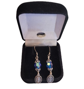 EARRING - SS MIRACULOUS MEDAL WITH BLUE FAUCETED STONE