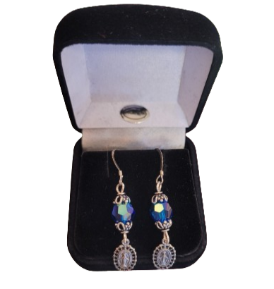 EARRING - SS MIRACULOUS MEDAL WITH BLUE FAUCETED STONE