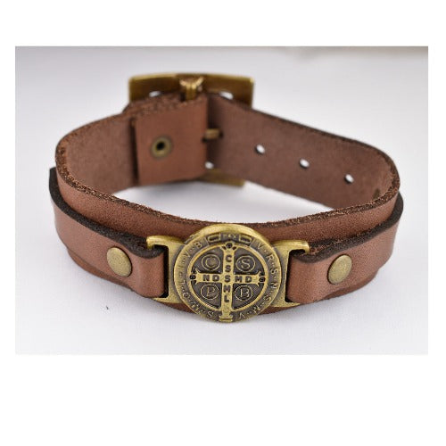 St Benedict Brown Leather Adjustable Men's Bracelet