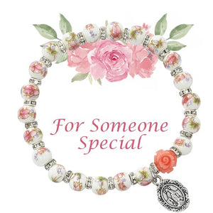 BRACELET PINK FLORAL CERAMIC BEADS WITH ROSE AND MIRACULOUS MEDAL
